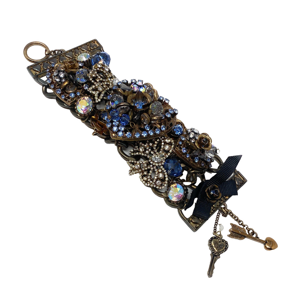 Vintage Betsey Johnson Cupid’s Arrow Heart Blue Crystal Statement Bracelet